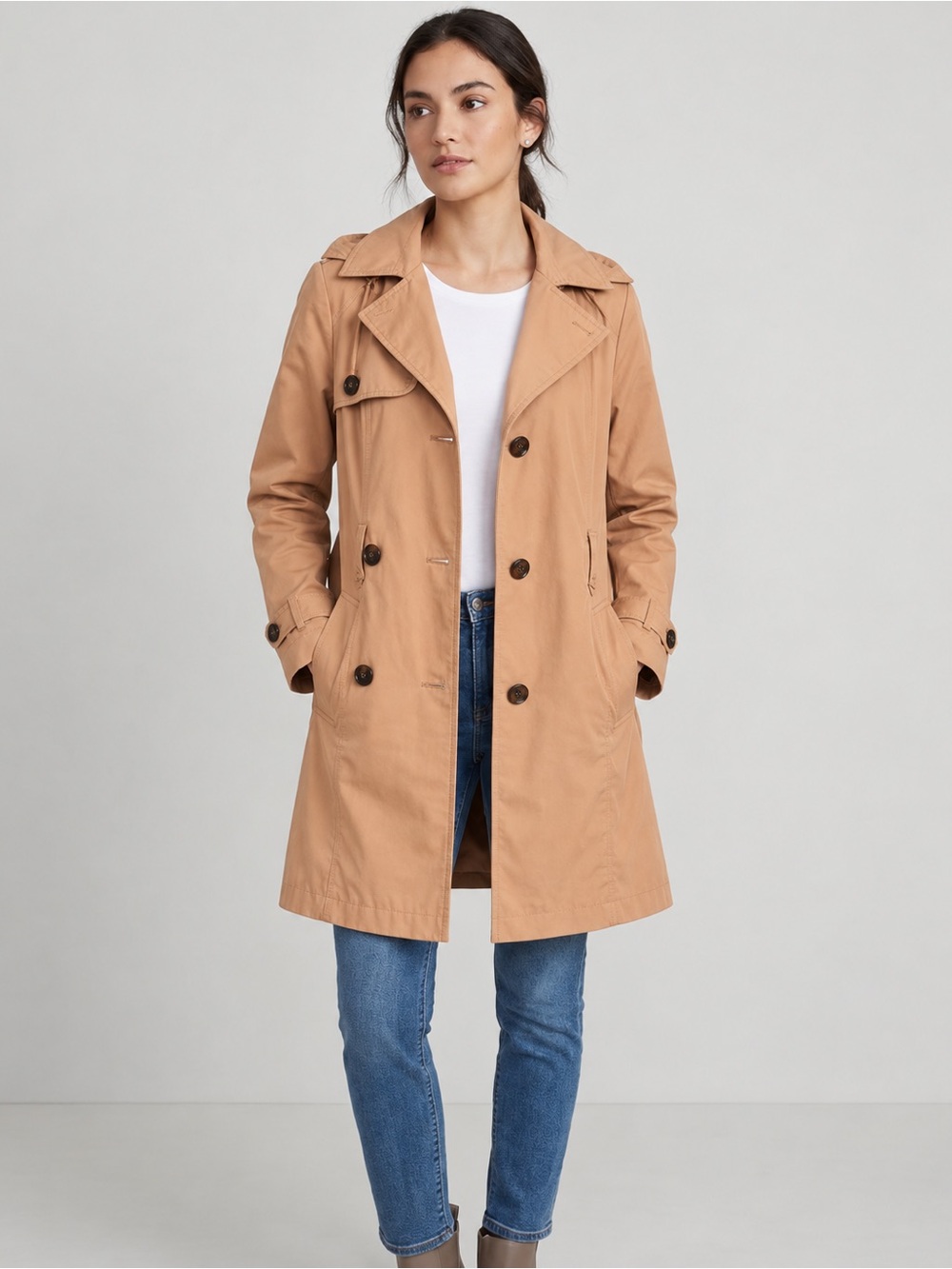 Ellen Tracy Camel Hooded Trench Coat Double Breasted Classic Rain Jacket L